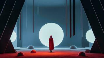 a person standing in front of a red light in a dark room generative ai photo