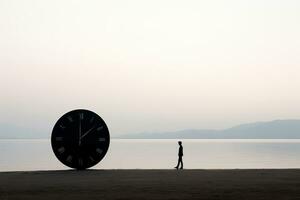 un persona en pie en frente de un grande reloj generativo ai foto