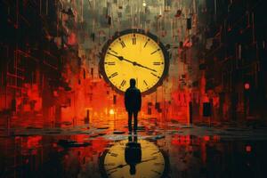 a person standing in front of a large clock generative ai photo