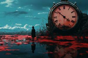 a person standing in front of an old clock generative ai photo