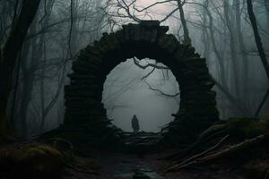 a person standing in front of a stone arch in the middle of a dark forest generative ai photo