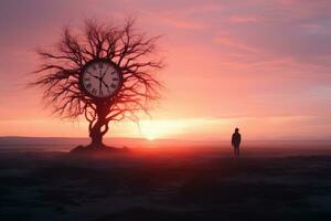 un persona en pie en frente de un árbol con un reloj en eso generativo ai foto