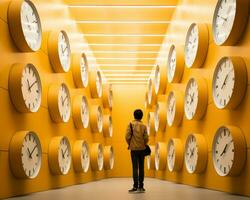 a person standing in front of a wall of clocks generative ai photo