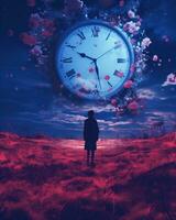 a person standing in the middle of a field with a clock in the background generative ai photo