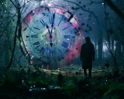 un persona en pie en el medio de un bosque con un grande reloj en el antecedentes generativo ai foto