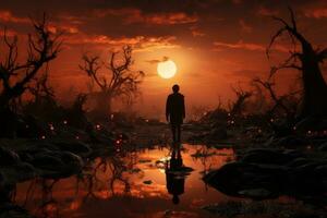 a person standing in the middle of a lake with a sunset in the background generative ai photo