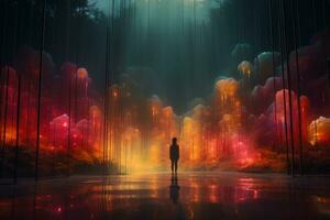 a person standing in the middle of a forest with colorful lights generative ai photo