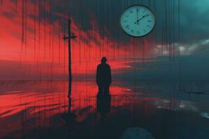 a person standing in the middle of a lake with a cross and a clock generative ai photo