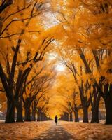 un persona caminando abajo un camino en el medio de un naranja árbol forrado la carretera generativo ai foto