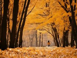 a person walking down a path in an autumn forest generative ai photo