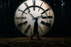 a person walking past a large clock in the woods generative ai photo