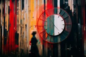 a person walking past a colorful wall with a clock on it generative ai photo