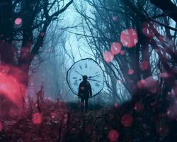 a person walking through a dark forest with a large clock generative ai photo