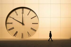 a person walking past a large clock on a wall generative ai photo
