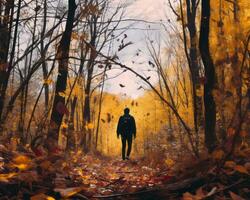 a person walking through an autumn forest generative ai photo