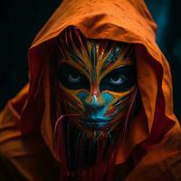 a person wearing an orange hoodie and face paint generative ai photo