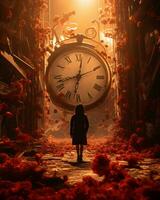 a person walking through a tunnel with a large clock in the middle of it generative ai photo