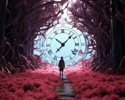 a person walking through a forest with a clock in the middle generative ai photo