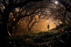 un persona caminando mediante un oscuro bosque con luciérnagas generativo ai foto