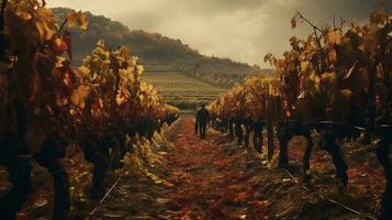 un persona caminando mediante un viñedo en el otoño generativo ai foto