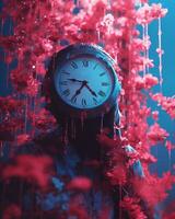 a person with a clock on their head in front of flowers generative ai photo