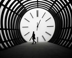 un persona caminando mediante un túnel con un grande reloj generativo ai foto