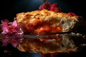 a pie with a cherry on top sits on a black surface generative ai photo