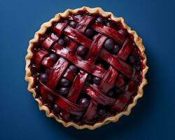 un tarta con arándanos en un azul antecedentes generativo ai foto