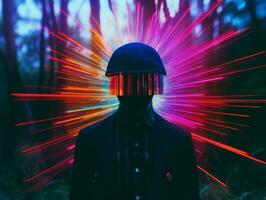 a person wearing a helmet with colorful lights in the background generative ai photo