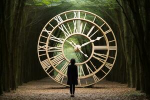 a person walking through a forest with a large clock in the middle generative ai photo