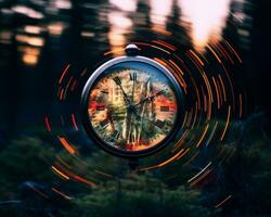 a picture of a clock that is in the middle of a forest generative ai photo