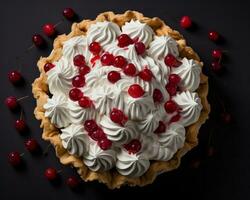 a pie with whipped cream and cherries on a black background generative ai photo