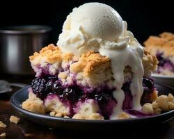 a piece of blueberry cobbler on a plate with ice cream generative ai photo