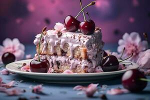 un pedazo de pastel en un plato con cerezas generativo ai foto