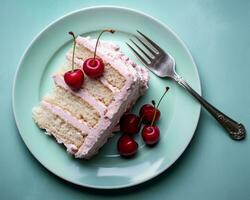 un pedazo de pastel en un plato con cerezas generativo ai foto