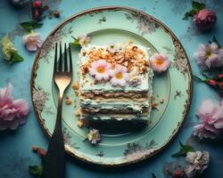 a piece of cake on a plate with flowers generative ai photo