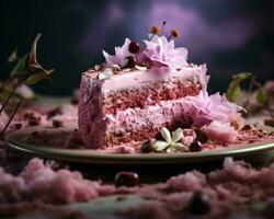 un pedazo de pastel en un plato con rosado Crema generativo ai foto