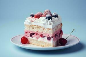 a piece of cake on a plate with whipped cream and cherries generative ai photo