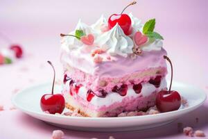 a piece of cake topped with whipped cream and cherries generative ai photo