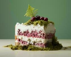 a piece of cake topped with cream and cherries generative ai photo