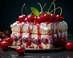 a piece of cake topped with whipped cream and cherries generative ai photo