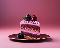 un pedazo de pastel con moras y crema en un rosado antecedentes generativo ai foto