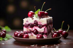 un pedazo de pastel con cerezas en parte superior generativo ai foto