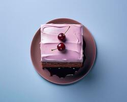 un pedazo de pastel con Crema y cerezas en parte superior generativo ai foto