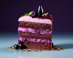 a piece of cake with purple frosting and blackberries generative ai photo