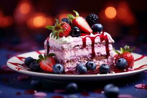 a piece of cake with strawberries and blueberries on it generative ai photo