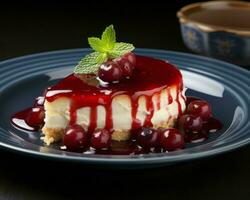 a piece of cheesecake on a blue plate with cherries generative ai photo