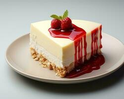 a piece of cheesecake on a plate with raspberry sauce generative ai photo