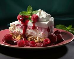 a piece of cheesecake topped with whipped cream and raspberries generative ai photo