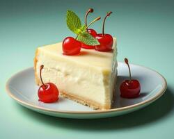 a piece of cheesecake with cherries on top generative ai photo